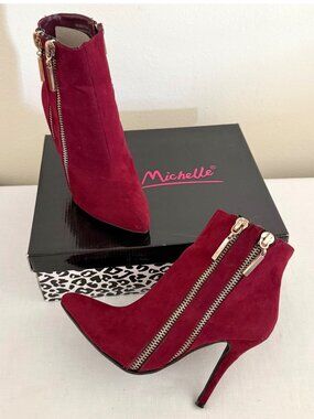 Anne Michelle Ankle Boots Size 7.5 Red Faux Suede Stiletto Zipper Booties